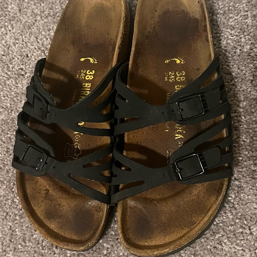 3 Pairs Birkenstock 2- size 38 Arizona, blk and blue; 1- size 38 blk Granada